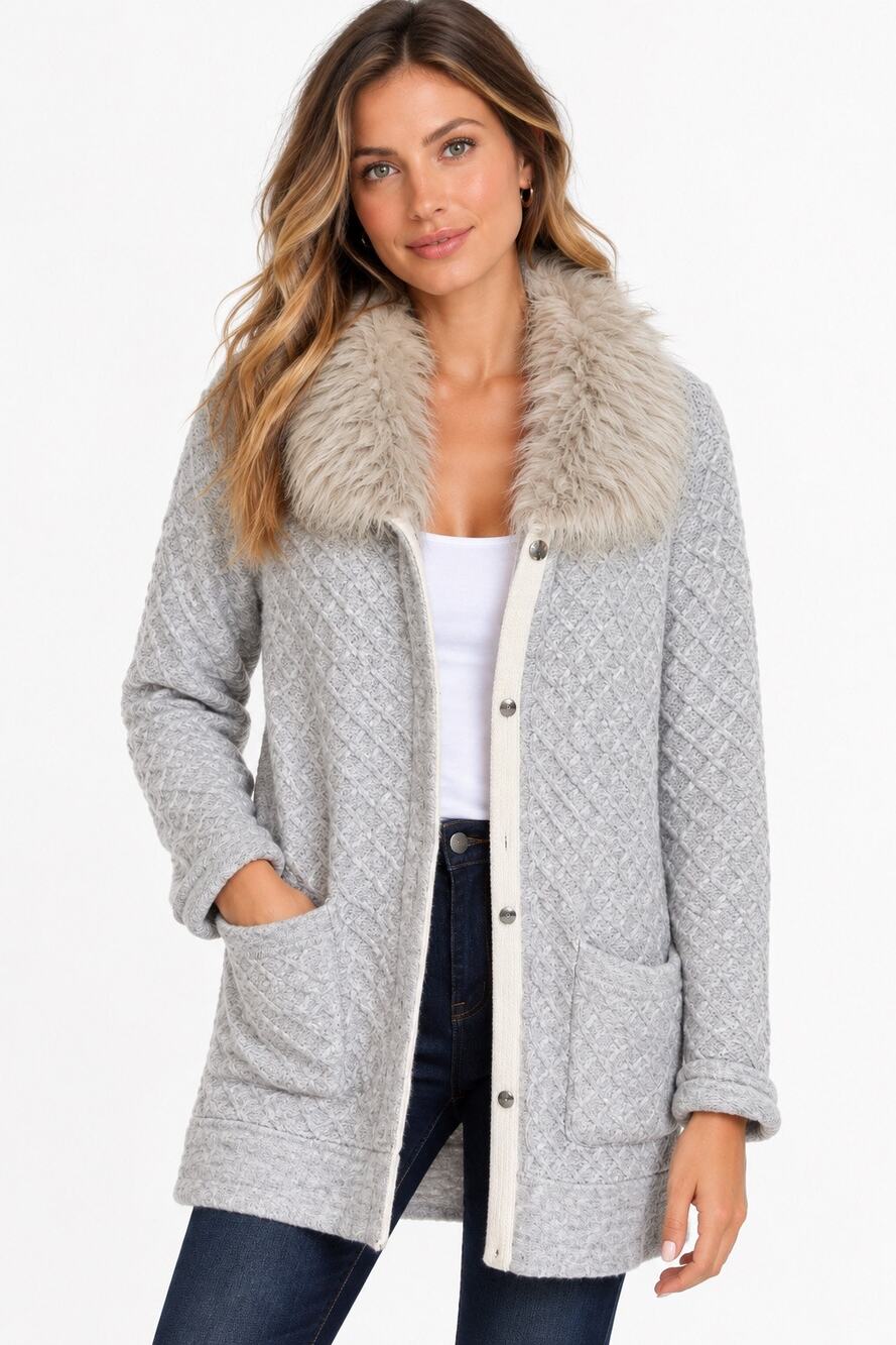 Coldwater Creek Winter Romance Duster Cardigan Sweater Gray Faux Fur Collar L 14